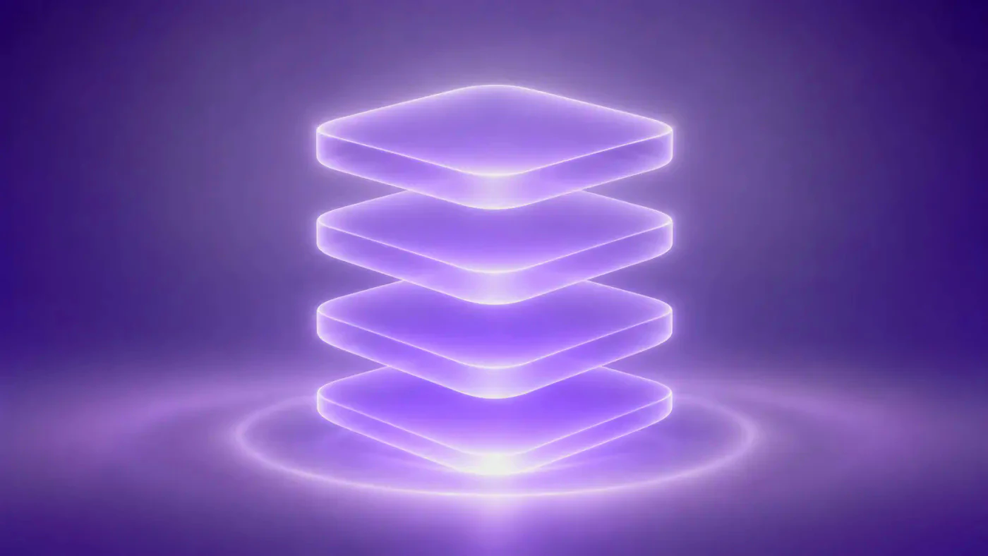 Four stacked glass modules suspended above a glowing platform, illustrating modular SME origination infrastructure available as a full platform or as embedded modules under a lender brand.