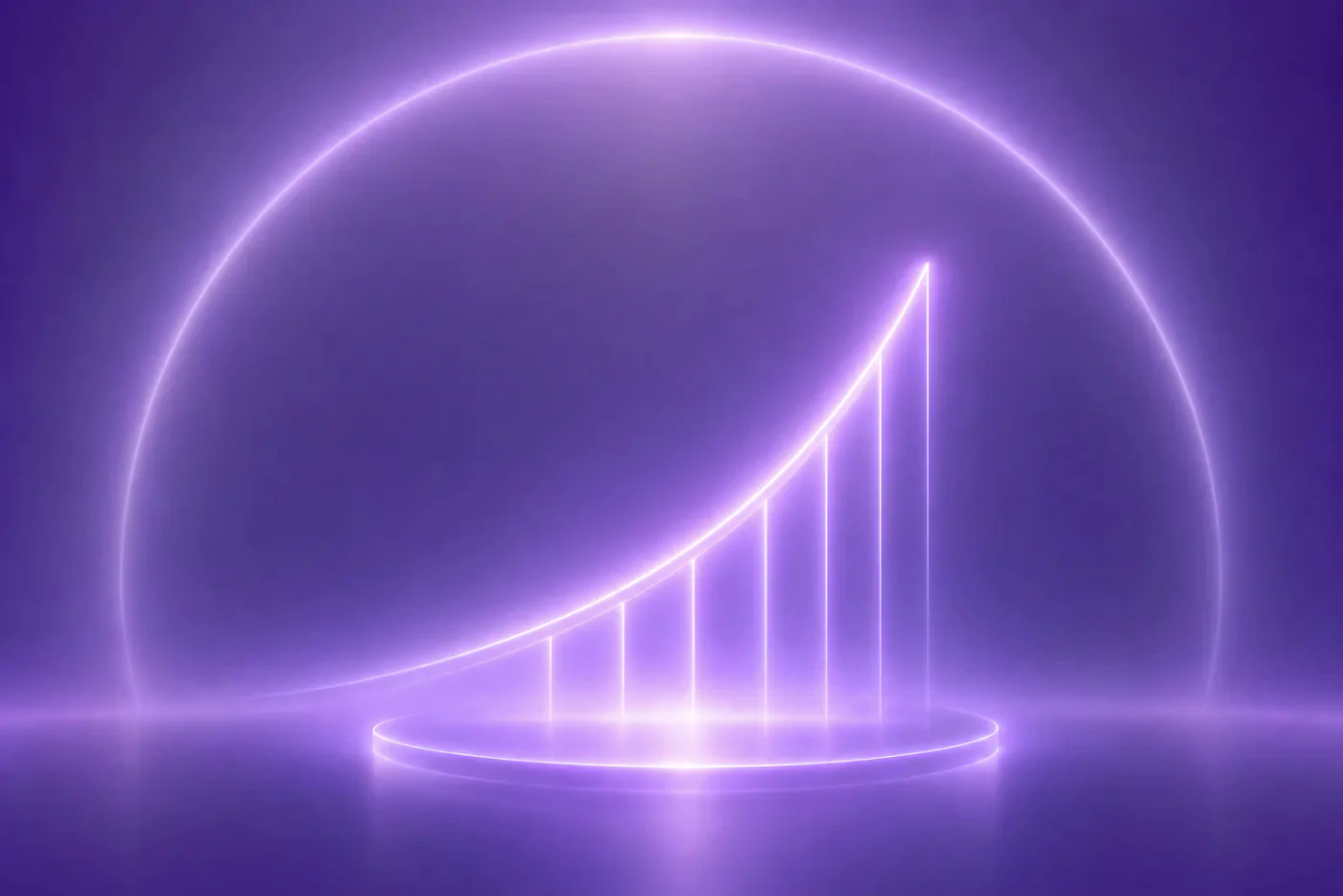 Glowing exponential growth curve rising over an illuminated podium framed by a luminous arch, illustrating scaled SME origination capacity that grows without scaling analyst headcount at a GCC lender.