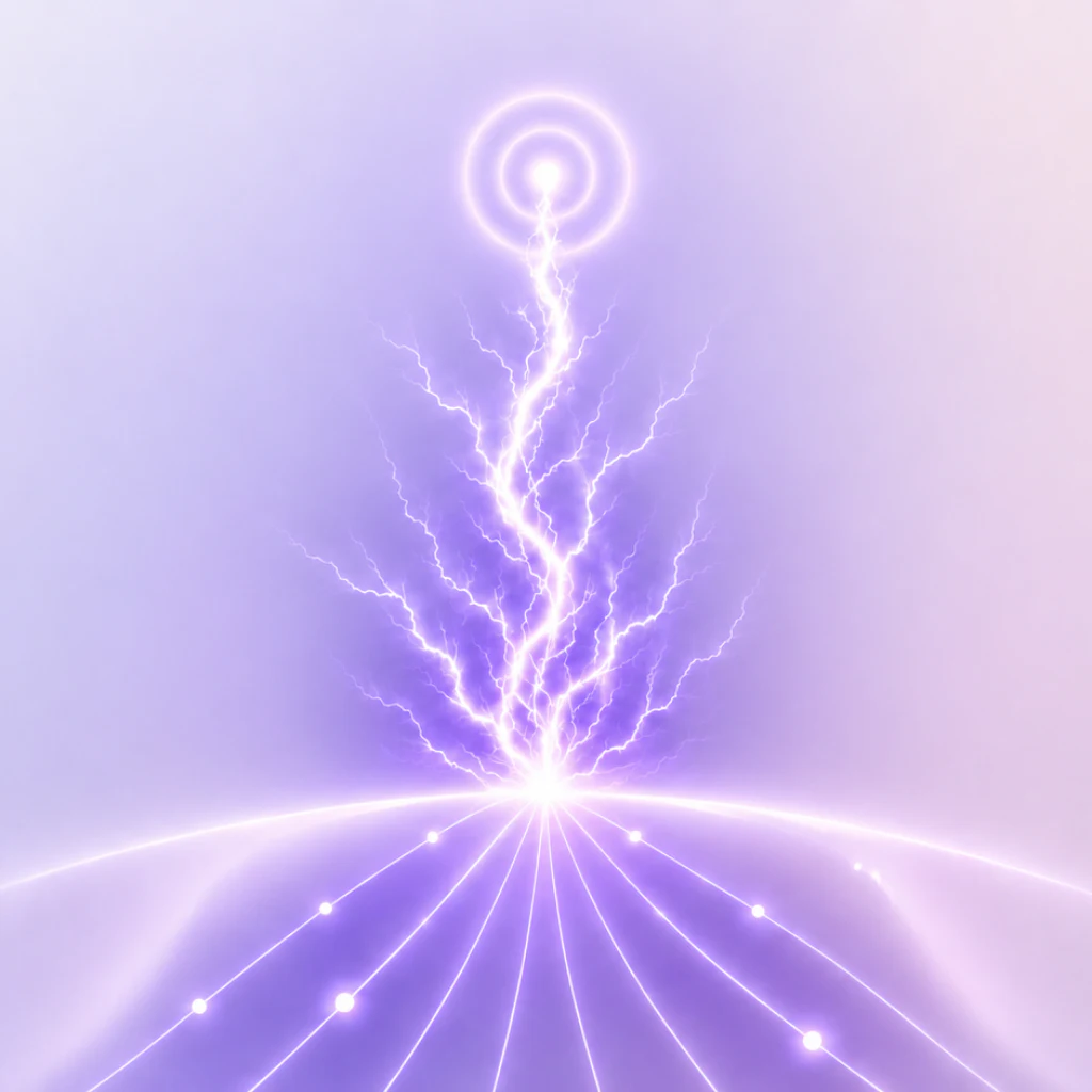A purple energy strike rising from radiating light on silver, representing one reviewed GiQ Match application reaching every matched lender at once